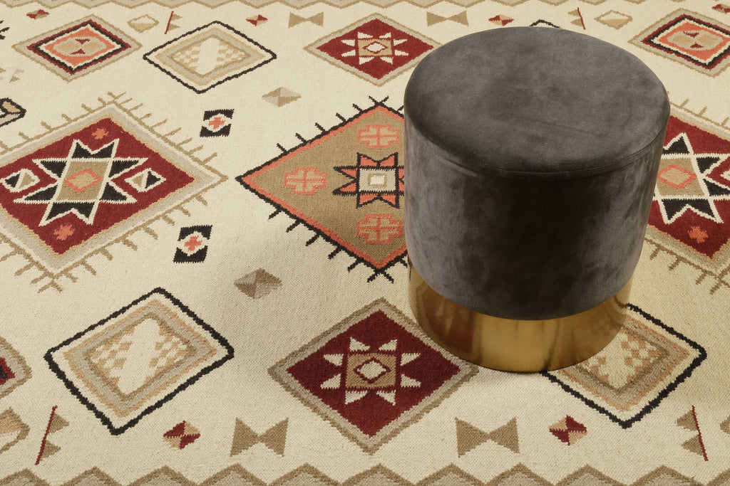 Kelim Teppich Creme Beige Rot aus Wolle "Brionne" Green Looop