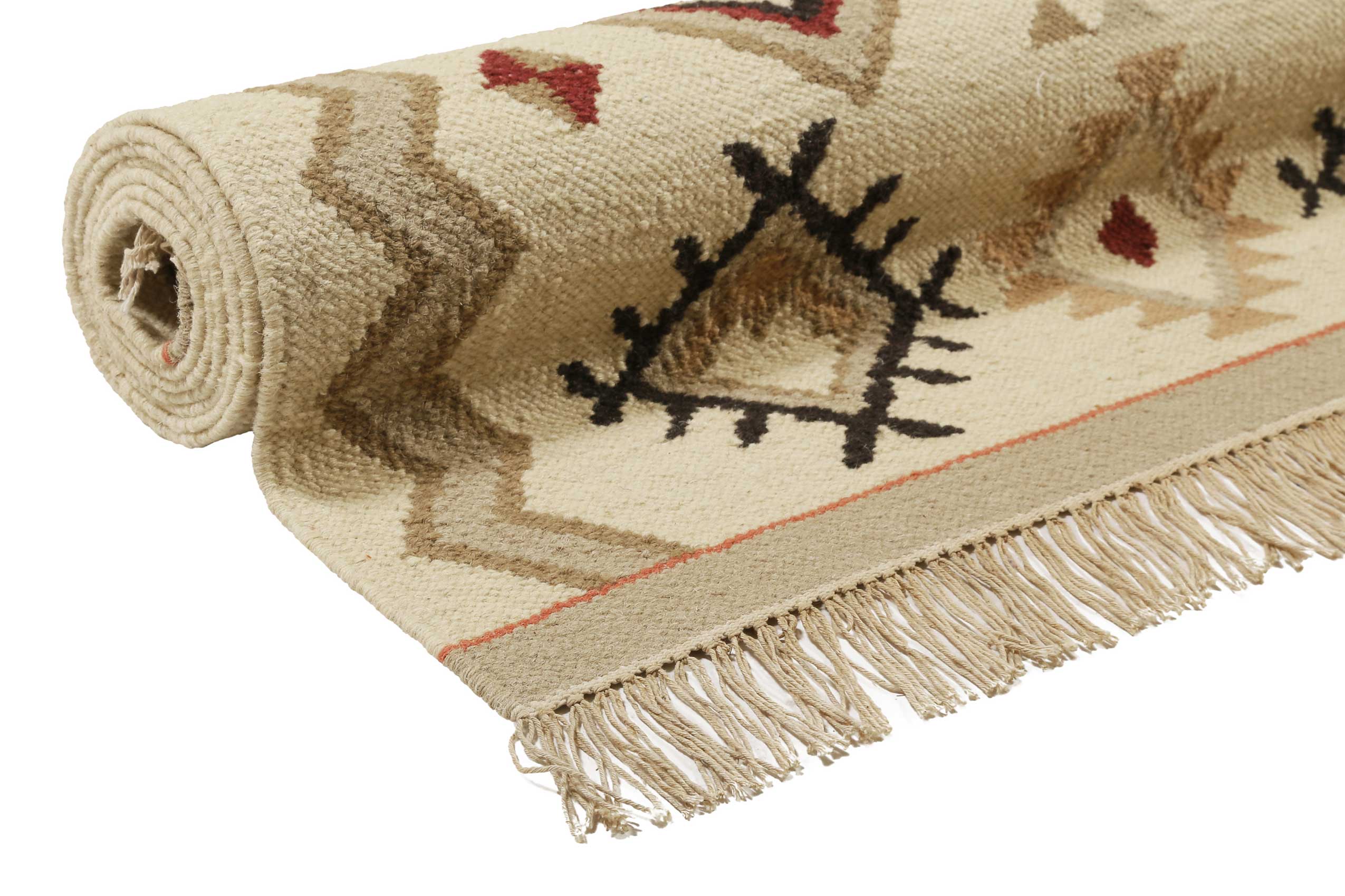 Kelim Teppich Creme Beige Rot aus Wolle "Brionne" Green Looop