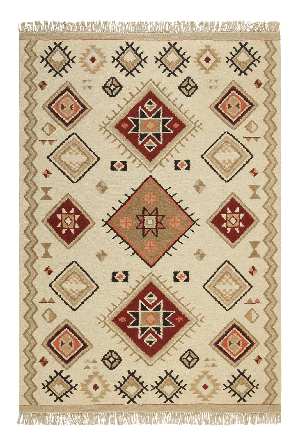 Kelim Teppich Creme Beige Rot aus Wolle "Brionne" Green Looop