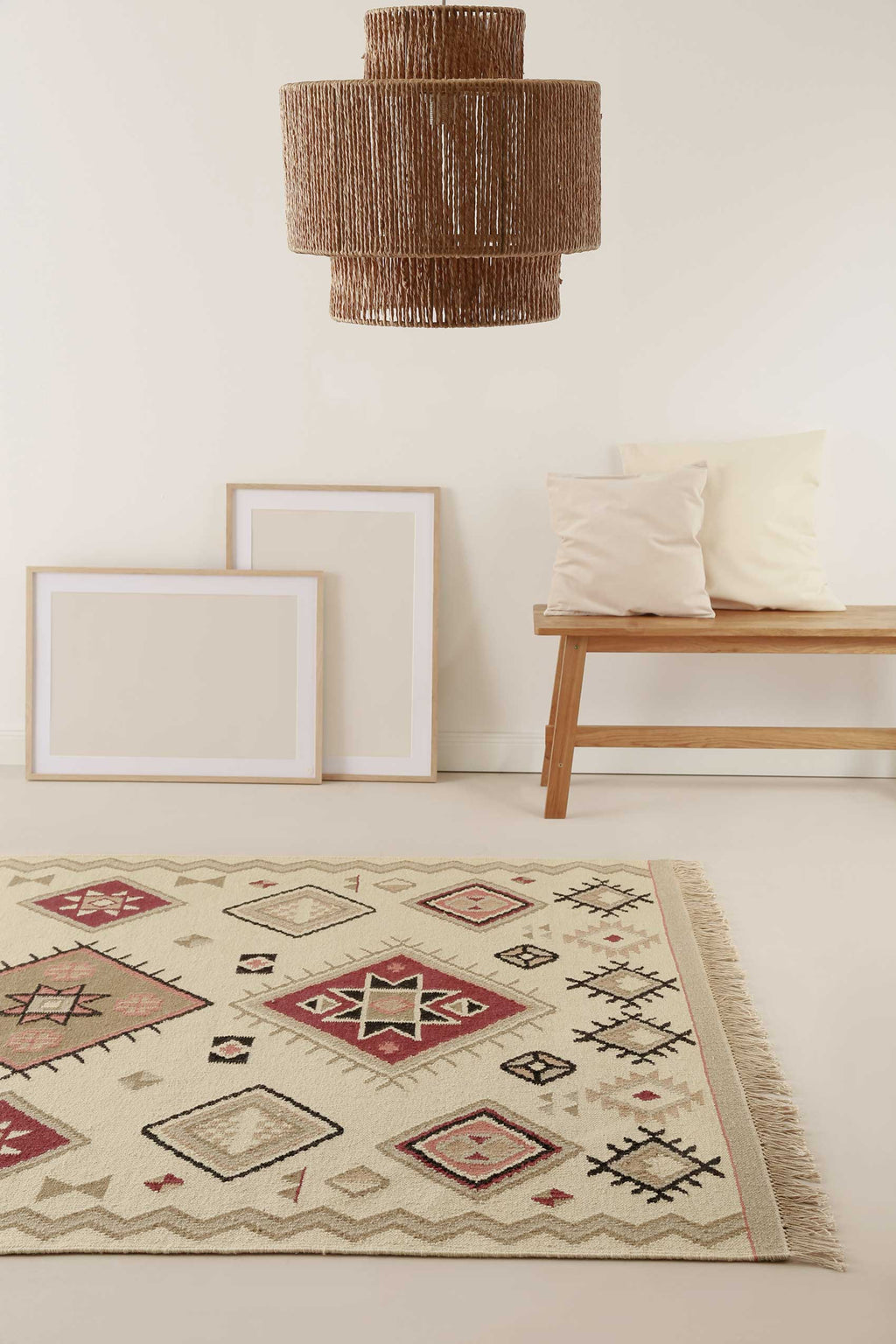 Kelim Teppich Creme Beige Rot aus Wolle "Brionne" Green Looop