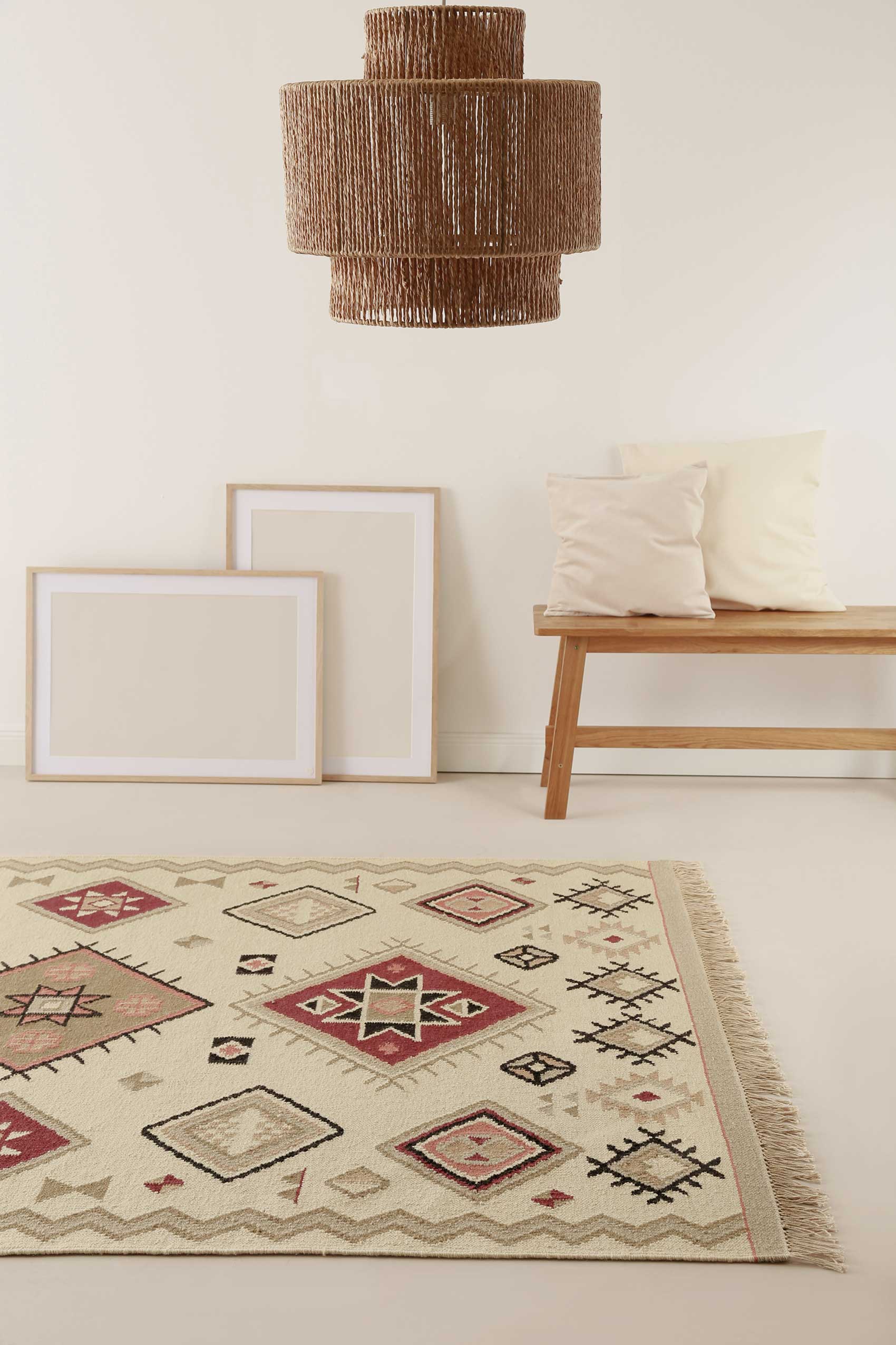 Kelim Teppich Creme Beige Rot aus Wolle "Brionne" Green Looop
