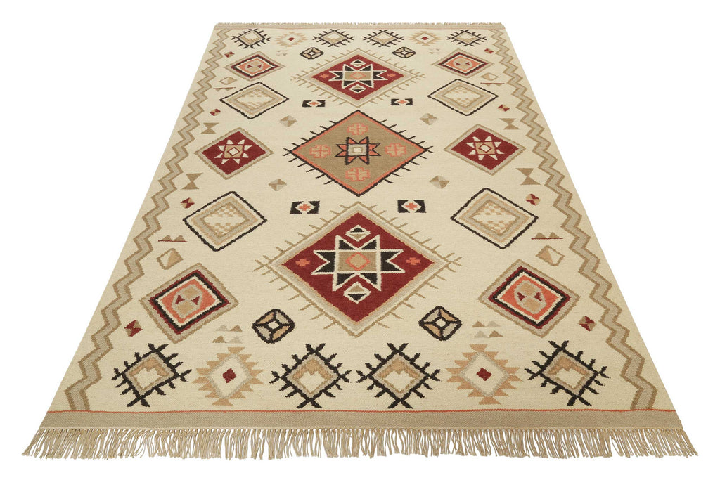 Kelim Teppich Creme Beige Rot aus Wolle "Brionne" Green Looop