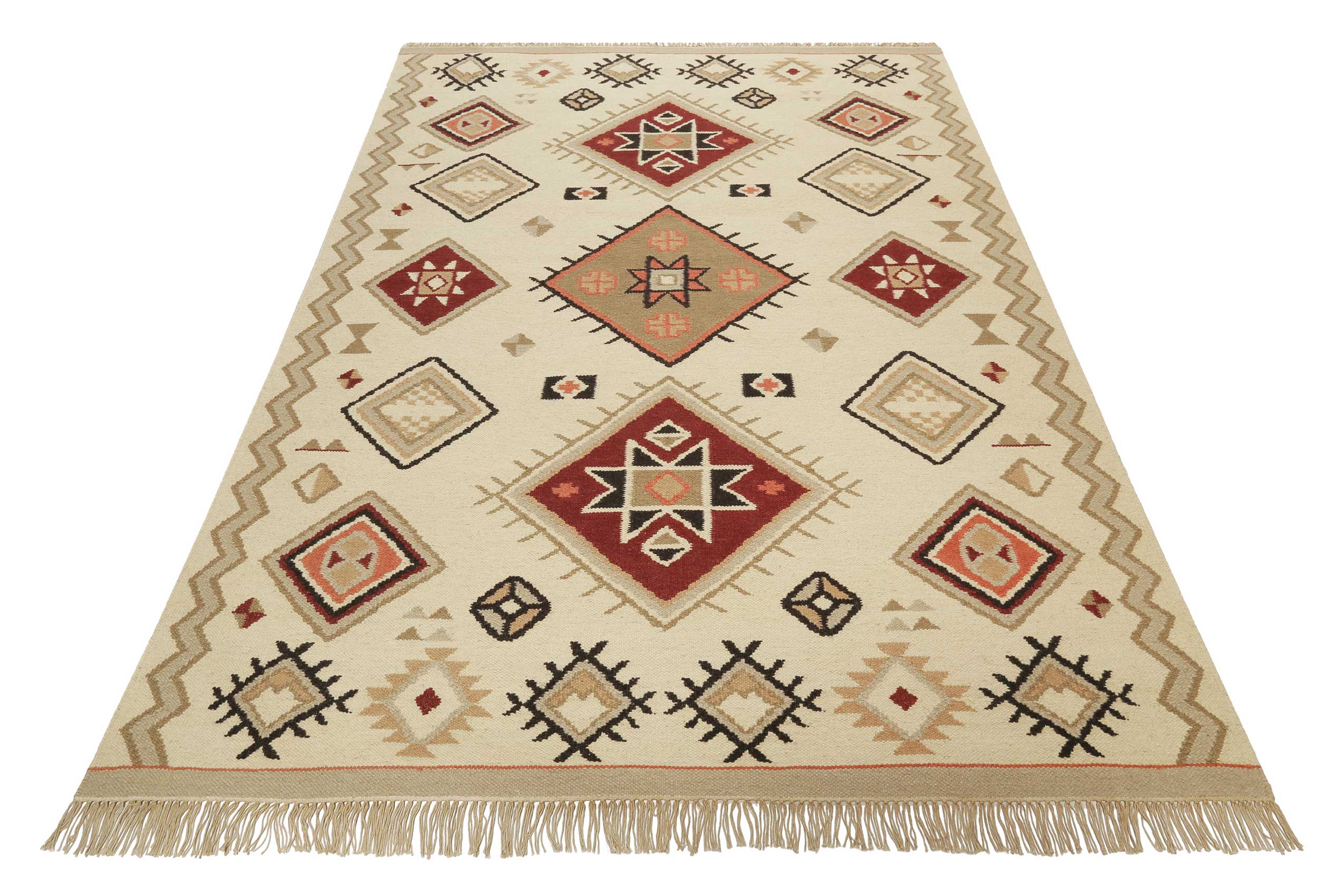 Kelim Teppich Creme Beige Rot aus Wolle "Brionne" Green Looop