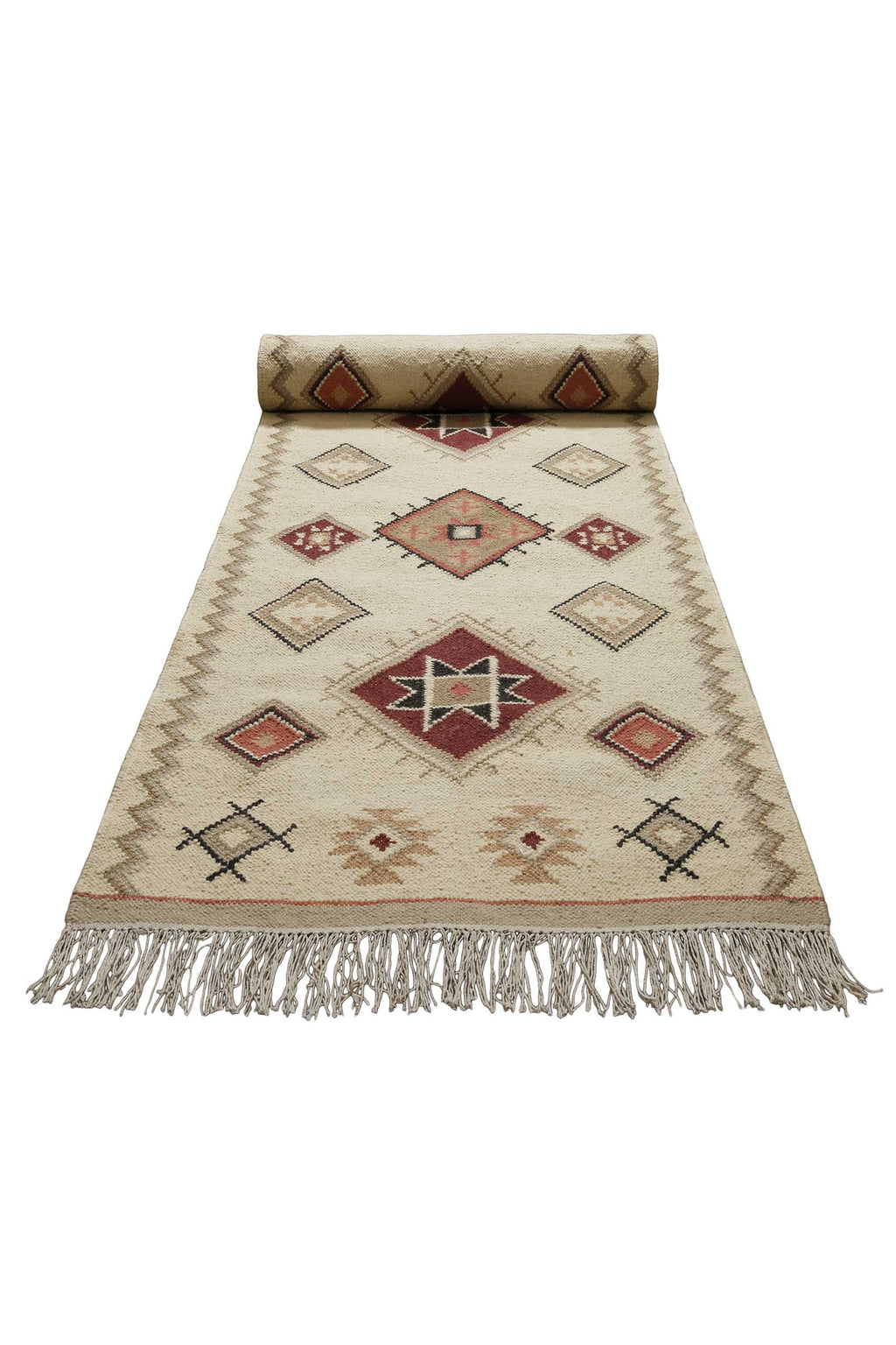 Kelim Teppich Creme Beige Rot aus Wolle "Brionne" Green Looop
